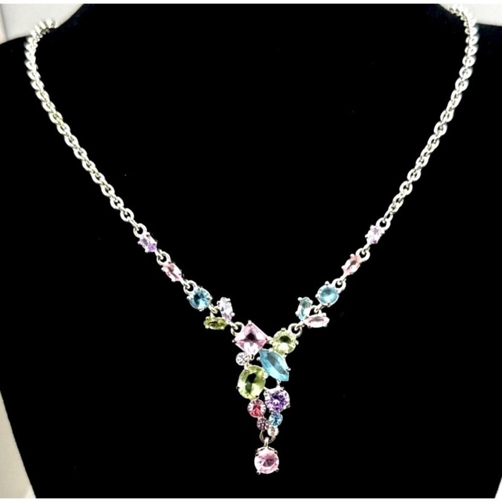 Elegant Vintage Napier Pastel Rhinestone Necklace Y Drop Signed Feminine Charm